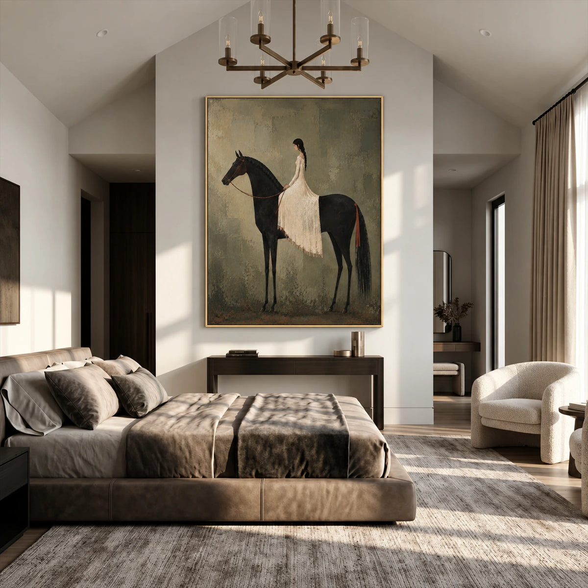 Silent Grace painting above a console in a bedroom with a vaulted ceiling and neutral bedding.
