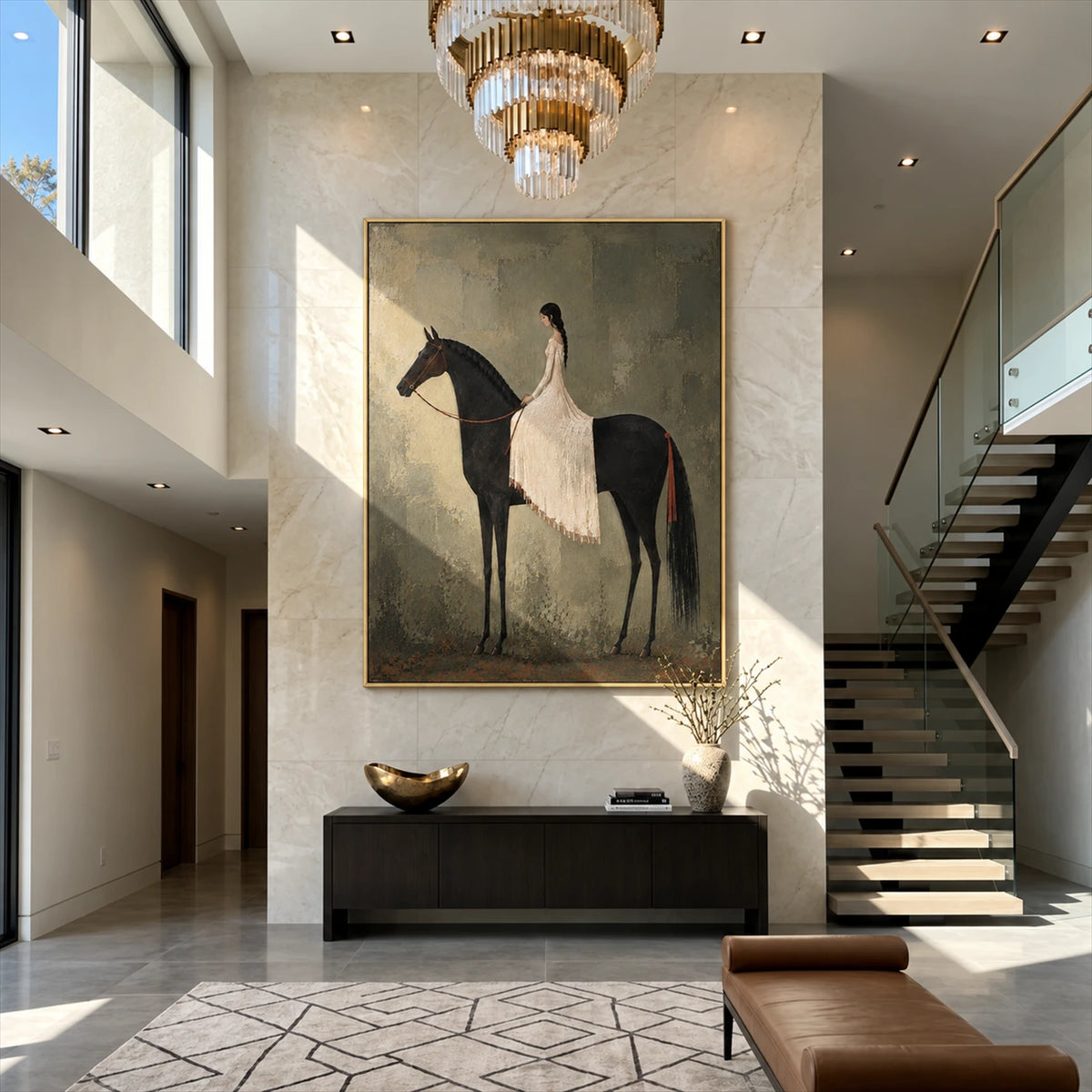 Silent Grace painting above a dark console beside a staircase in a tall entryway.