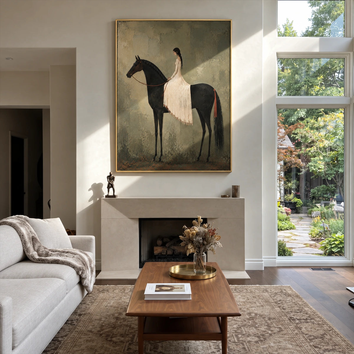 Silent Grace painting above a fireplace in a bright living room overlooking a garden.