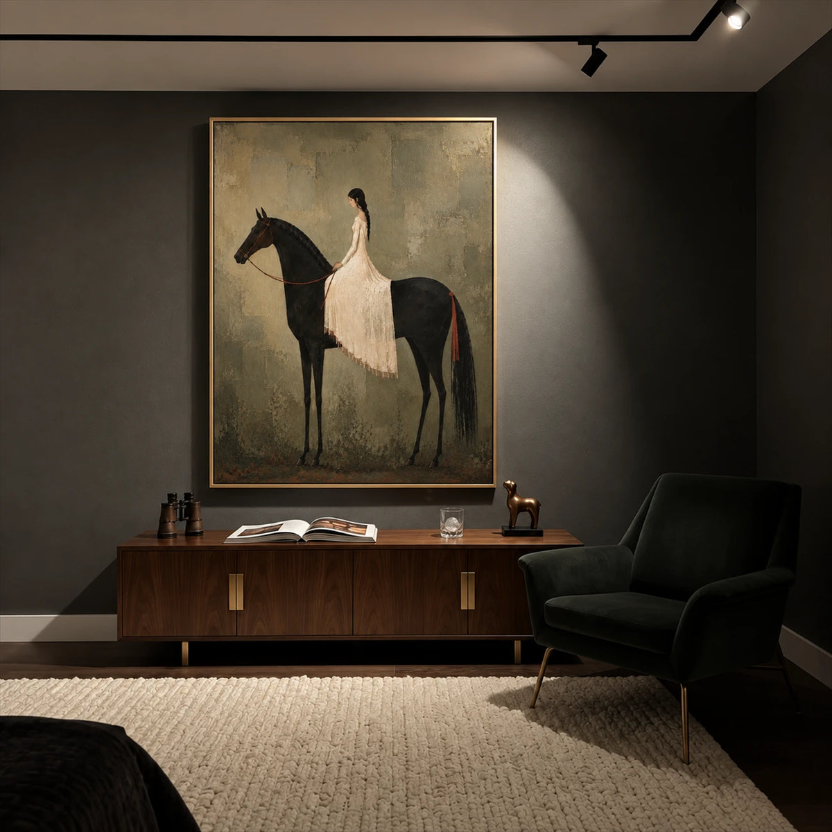 Silent Grace painting above a wood desk in a dark study lit by ceiling spotlights.