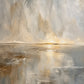 Full abstract landscape with a misty gray and ivory sky above reflective water and a glowing golden horizon.