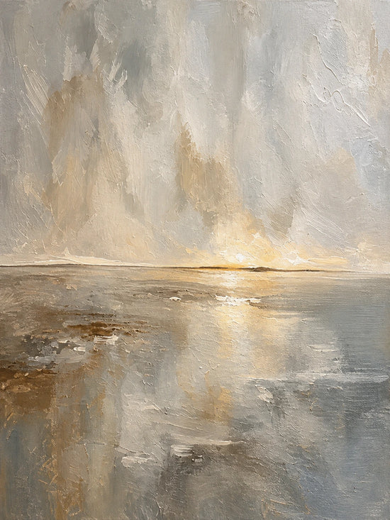 Full abstract landscape with a misty gray and ivory sky above reflective water and a glowing golden horizon.