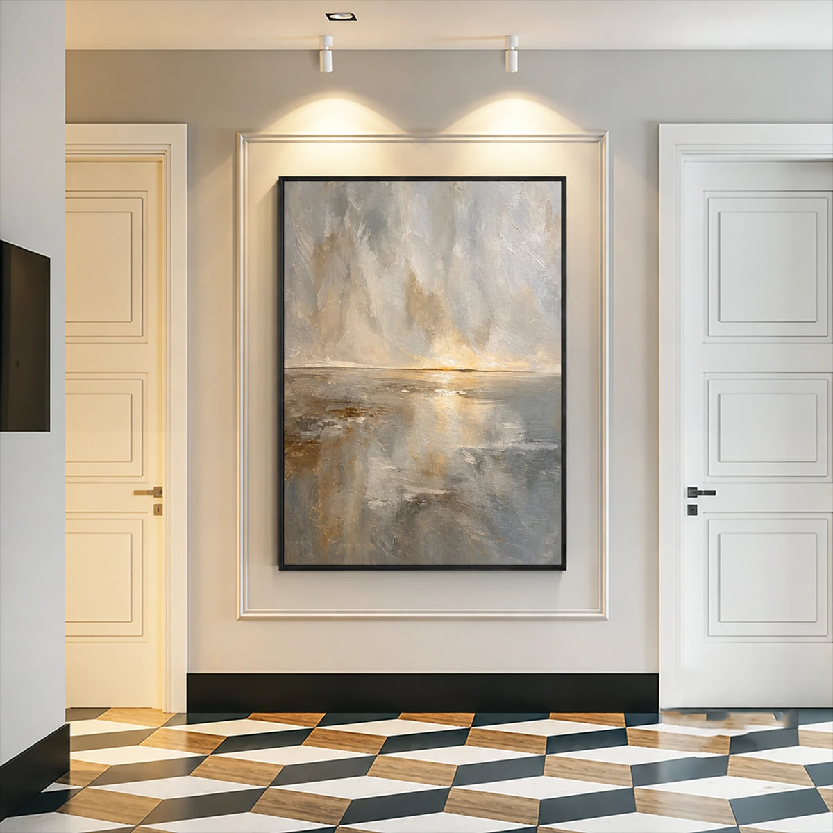 Gilded Horizon painting in a dark frame in a hallway with geometric floor tiles and white doors.