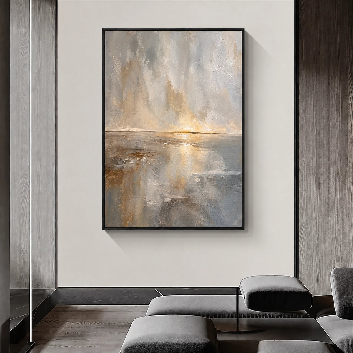 Gilded Horizon painting in a dark frame above gray lounge seating in a minimalist interior.