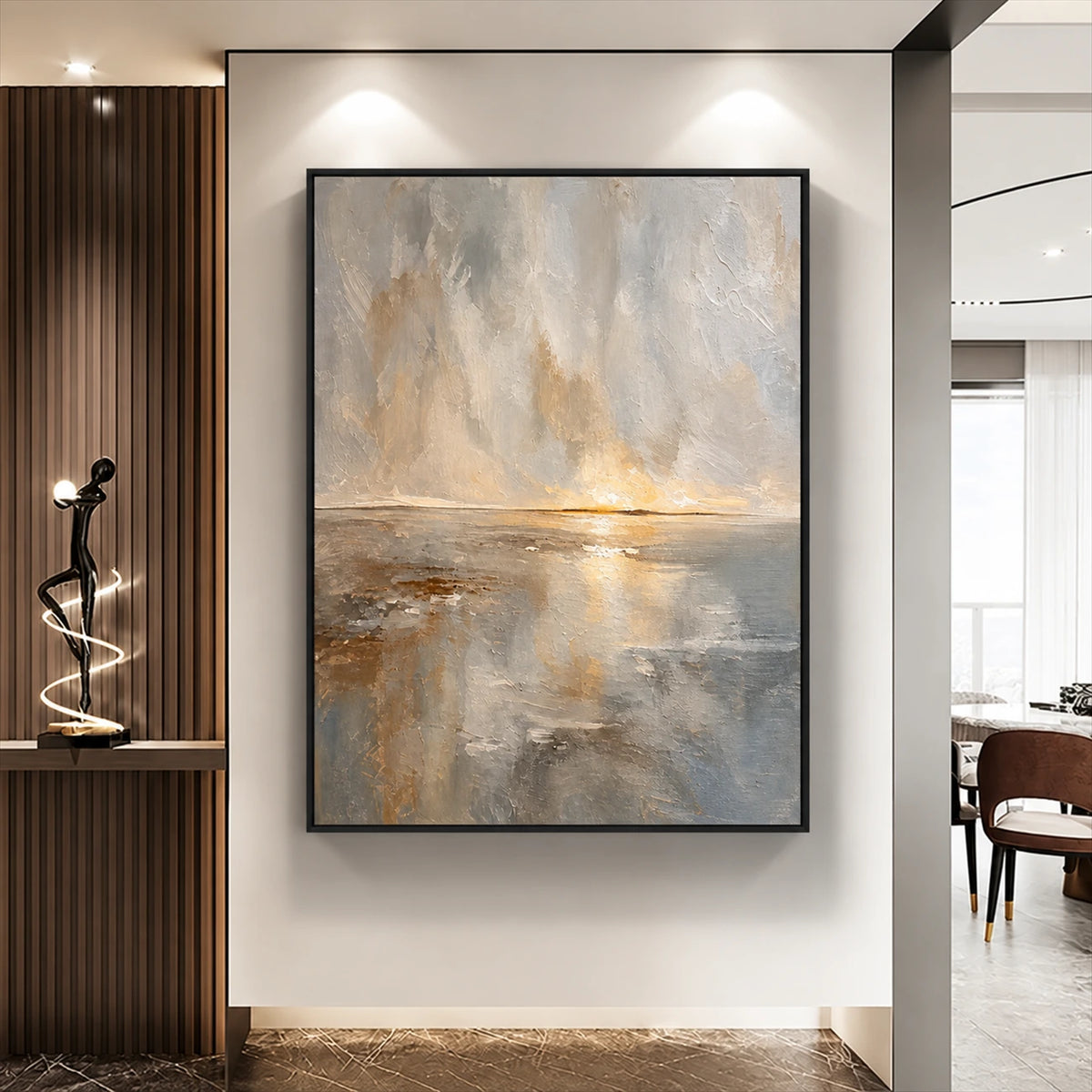 Gilded Horizon painting in a dark frame beneath spotlights beside a wood slat feature wall.