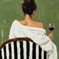 Full artwork of a figure seen from behind in a draped white blouse, holding red wine in a black-and-white striped chair against muted green.