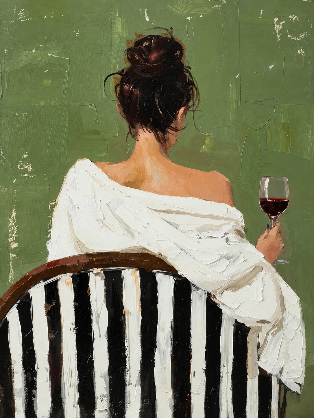 Full artwork of a figure seen from behind in a draped white blouse, holding red wine in a black-and-white striped chair against muted green.