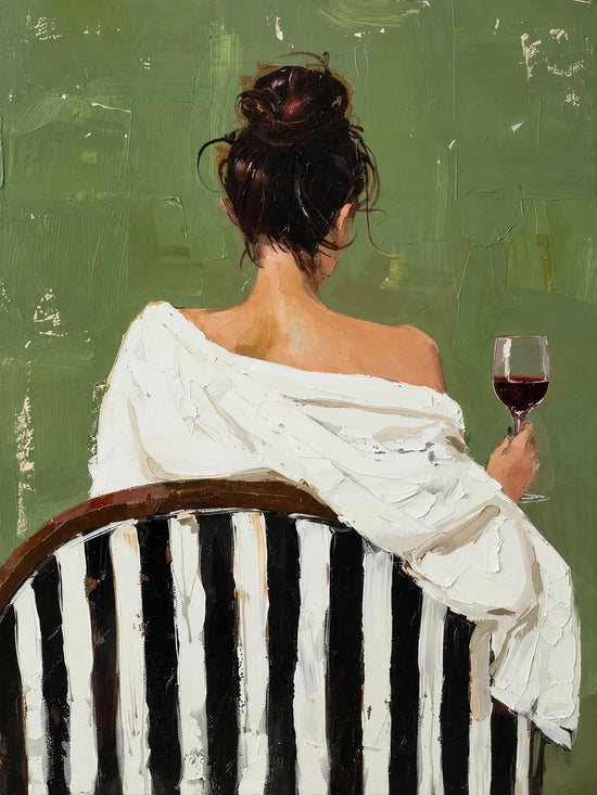 Full artwork of a figure seen from behind in a draped white blouse, holding red wine in a black-and-white striped chair against muted green.