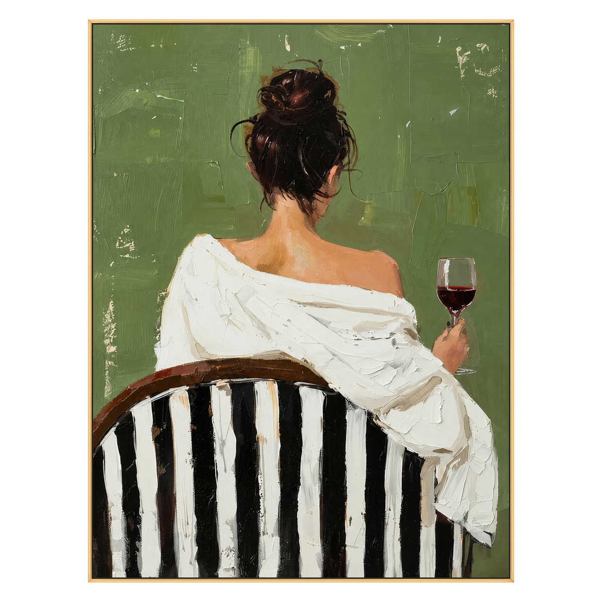 Evening Sip vertical artwork in a gold frame on a transparent background.