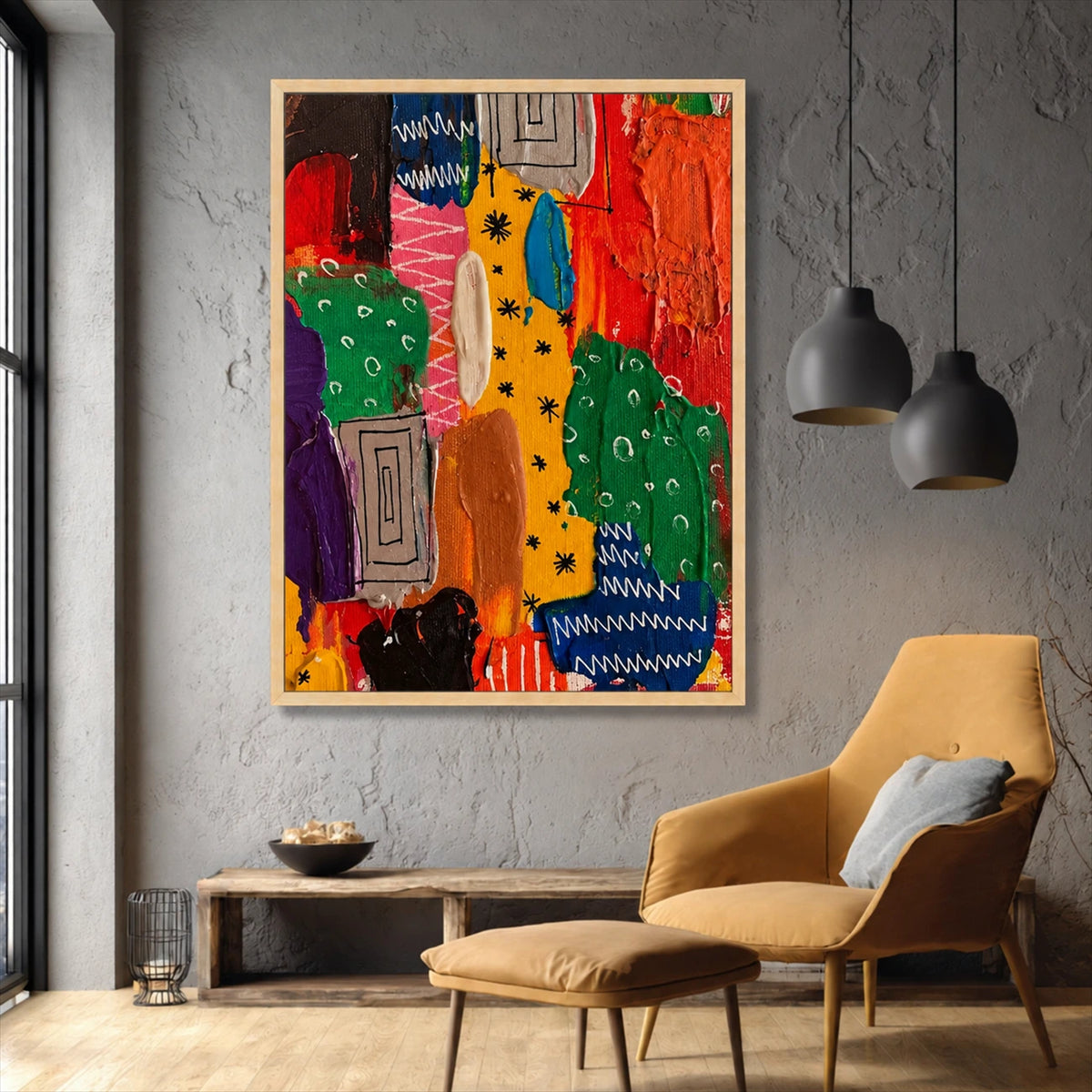 Color Rhythm painting on a gray wall beside a mustard lounge chair and hanging pendant lights.