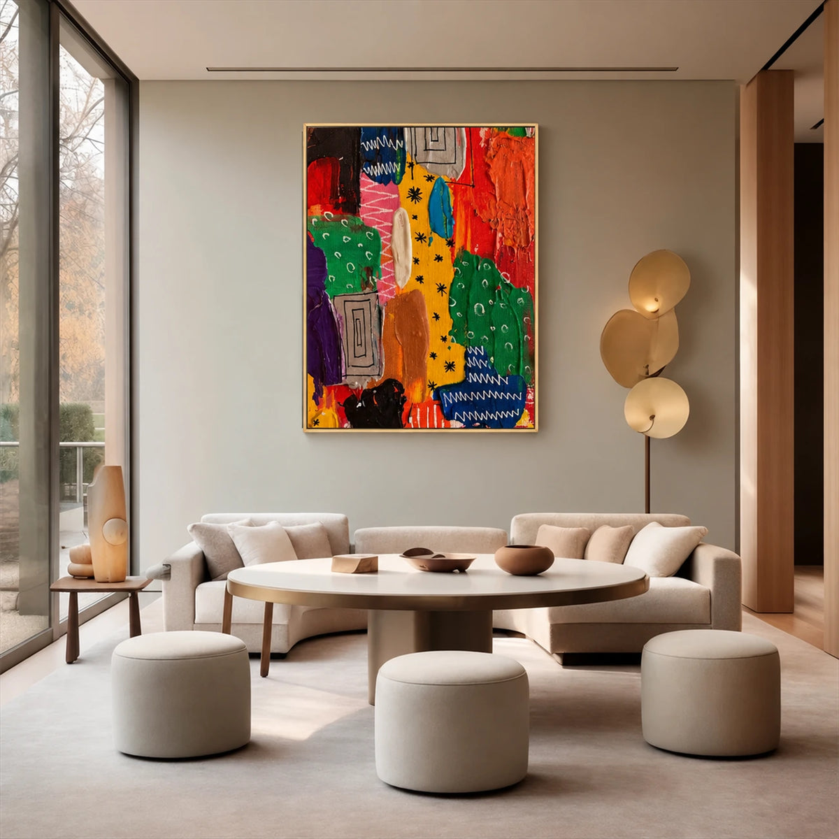 Color Rhythm painting above a curved sofa in a neutral living room with large windows.