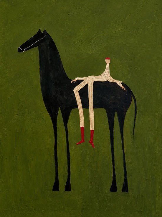 Full artwork of a slender black horse carrying a relaxed cream-colored rider with red boots against an olive-green background.