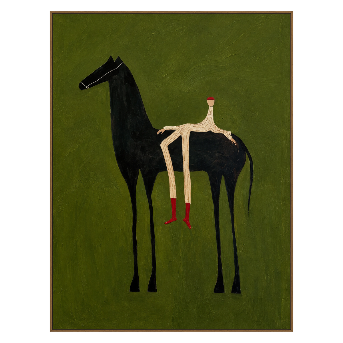 Emerald Rider vertical artwork in a natural wood frame on a transparent background.