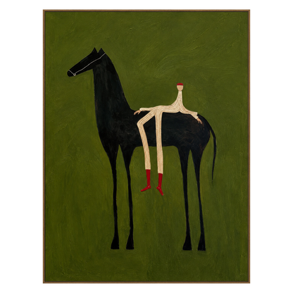 Emerald Rider vertical artwork in a natural wood frame on a transparent background.