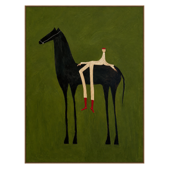 Emerald Rider vertical artwork in a natural wood frame on a transparent background.