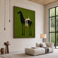 Emerald Rider painting above a cream chaise beside tall windows in a minimalist living room.
