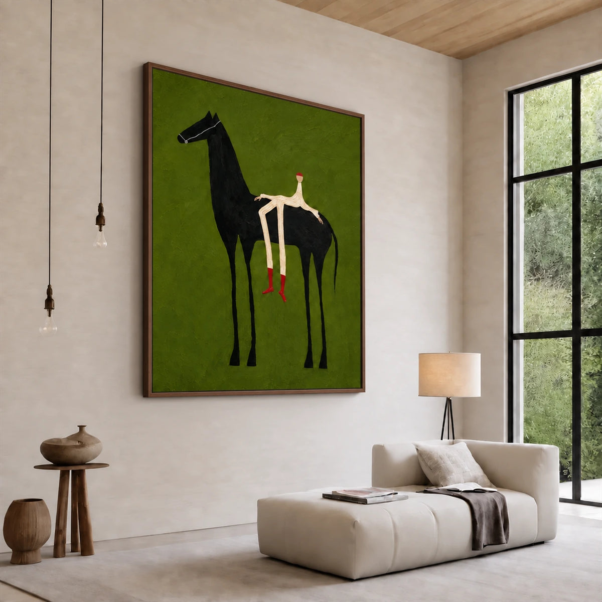 Emerald Rider painting above a cream chaise beside tall windows in a minimalist living room.