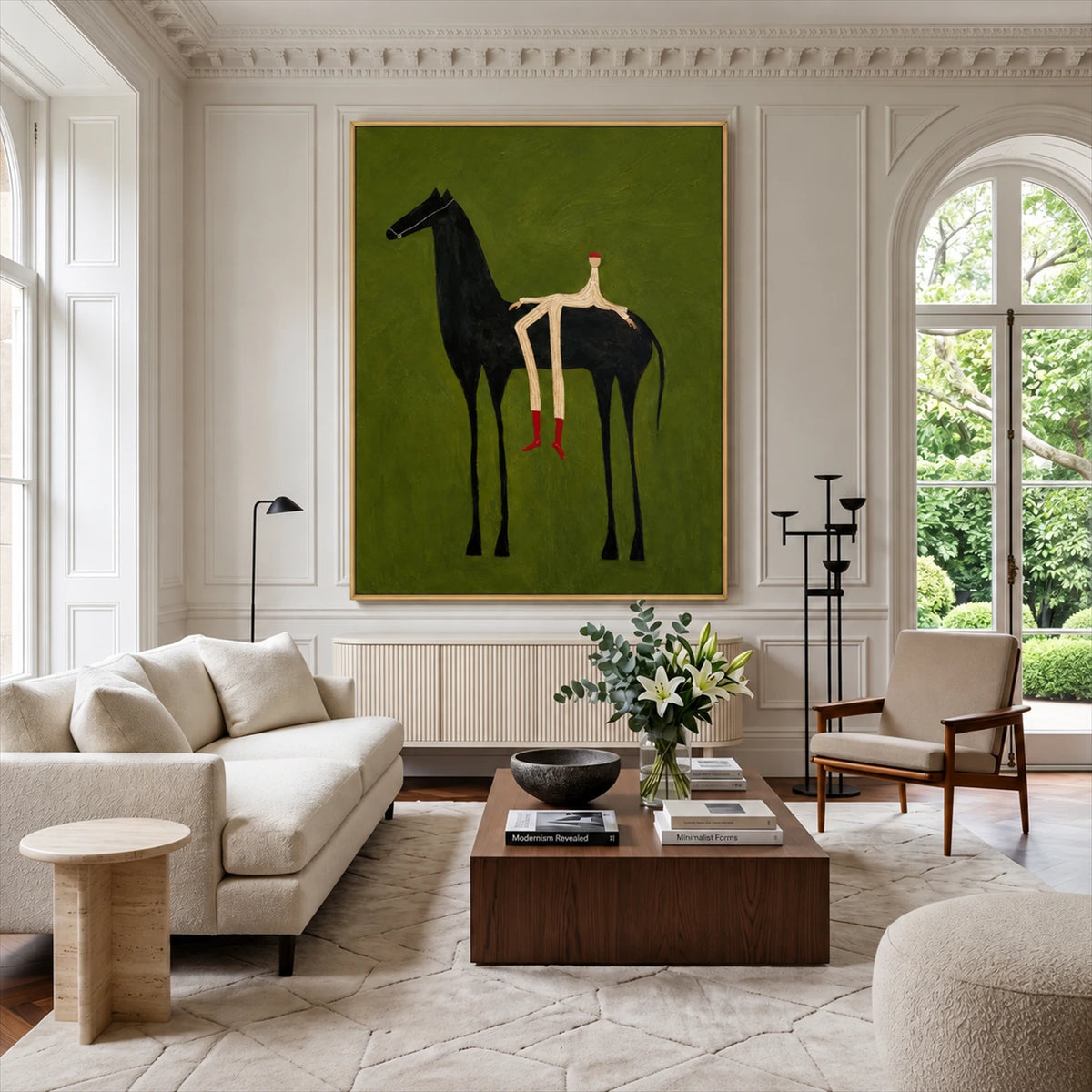 Emerald Rider painting above a pale sofa in a bright paneled living room with arched windows.