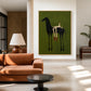 Emerald Rider painting beside a rust-colored sofa and dark round coffee table in a spacious interior.