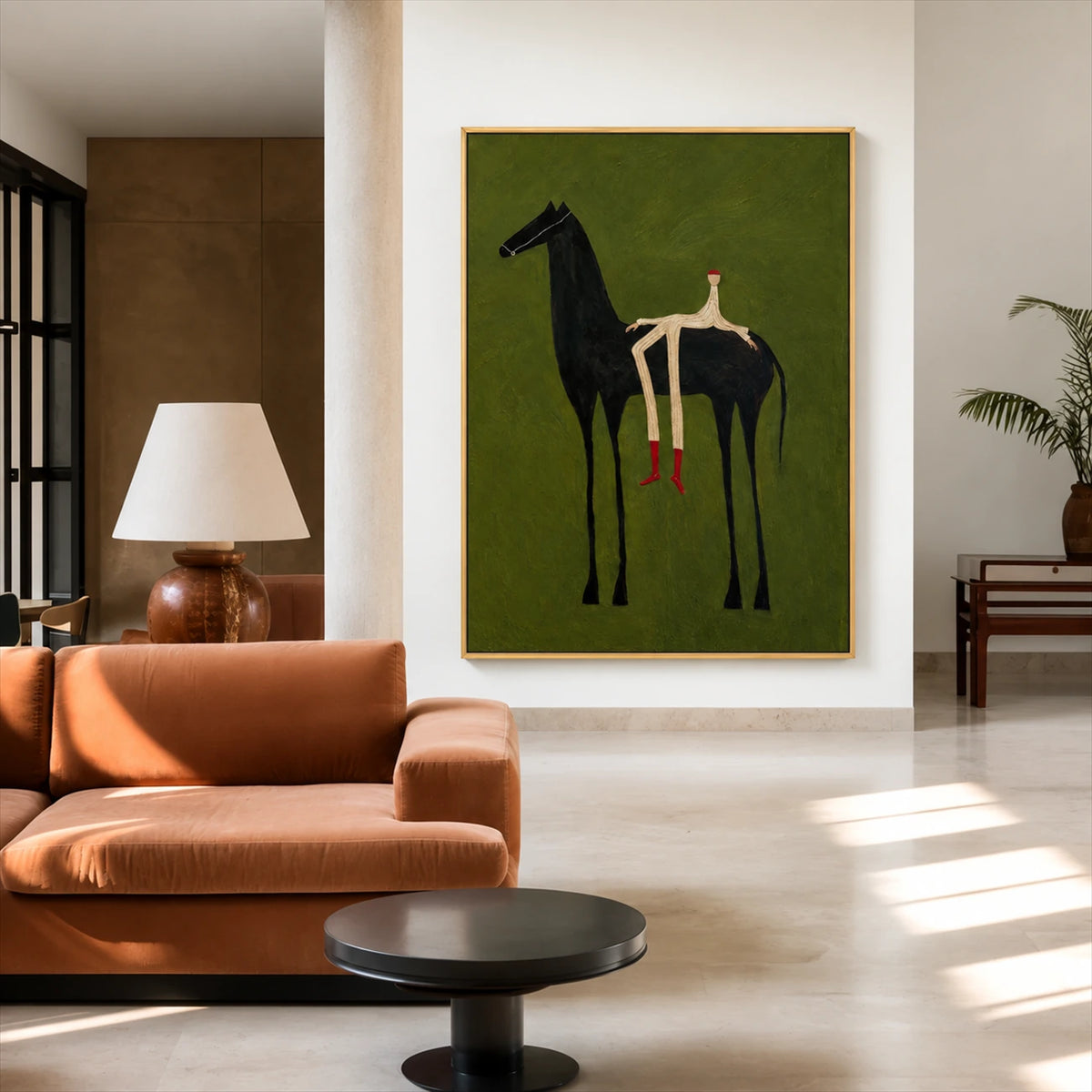 Emerald Rider painting beside a rust-colored sofa and dark round coffee table in a spacious interior.