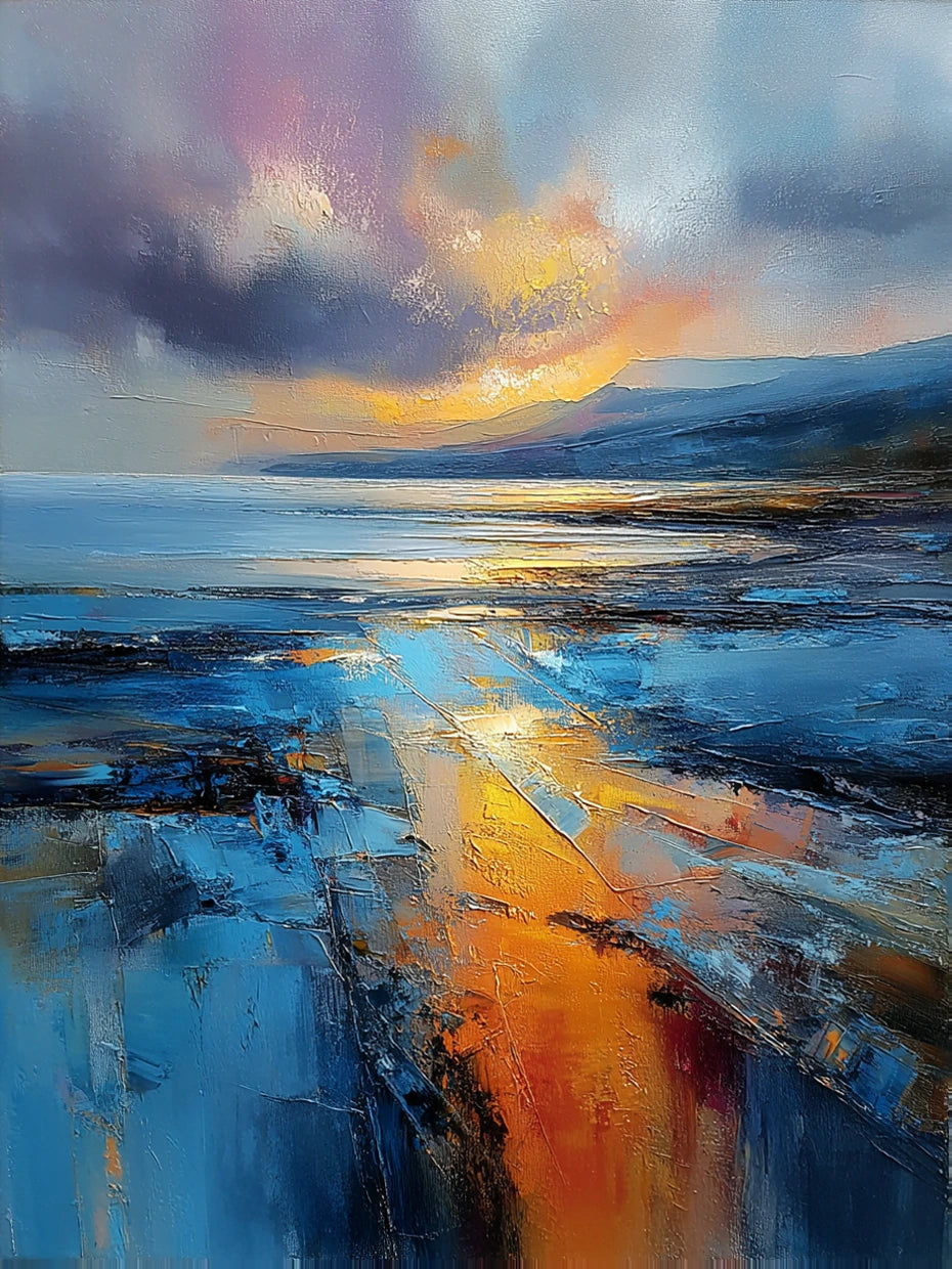 Full seascape with amber sunset light reflected across blue water beneath a violet and gray sky.