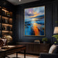 Amber Tide painting above a cabinet in a dark paneled study with bookshelves.