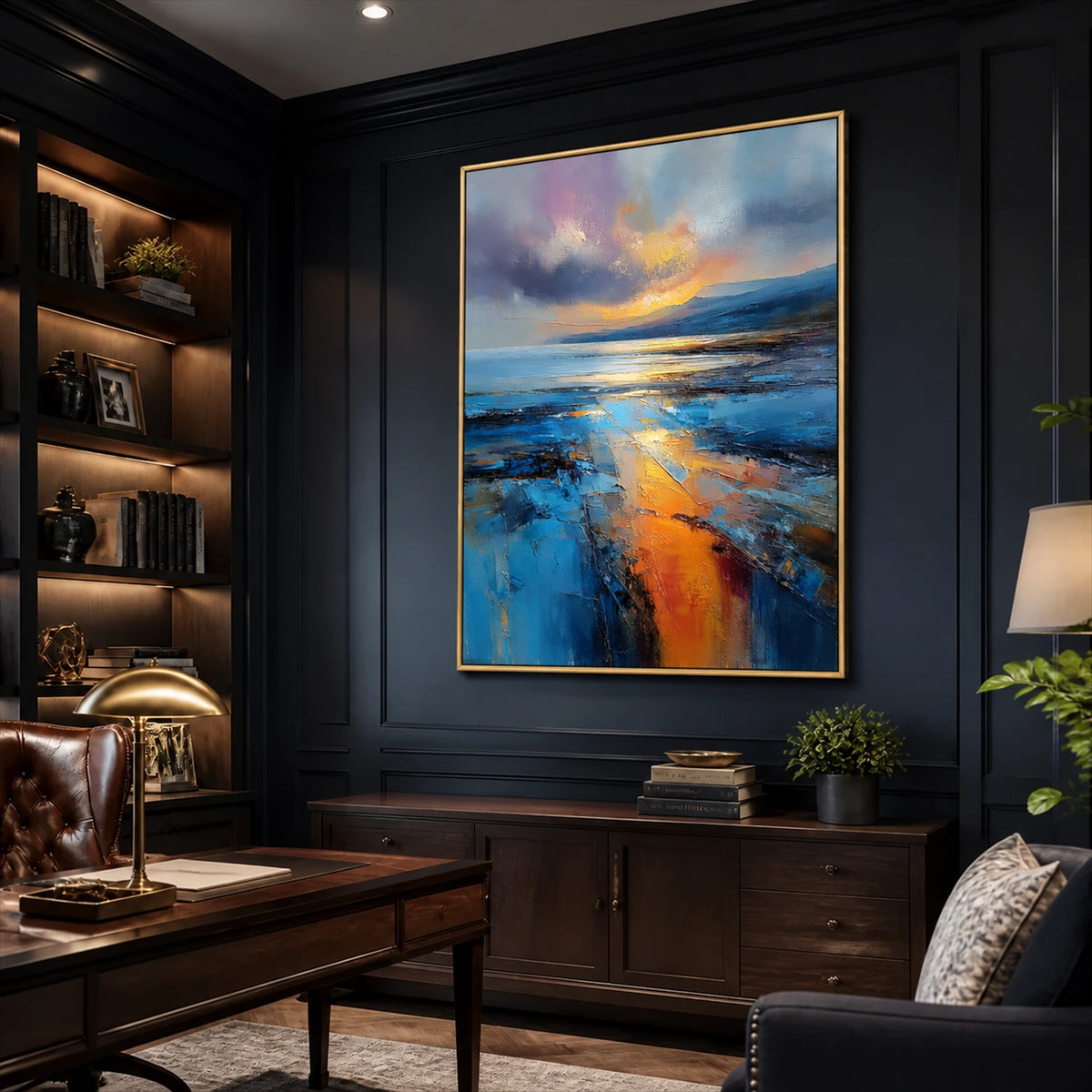 Amber Tide painting above a cabinet in a dark paneled study with bookshelves.