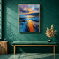Amber Tide painting above a green upholstered bench against a teal wall.