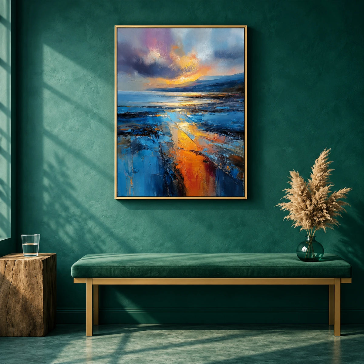 Amber Tide painting above a green upholstered bench against a teal wall.