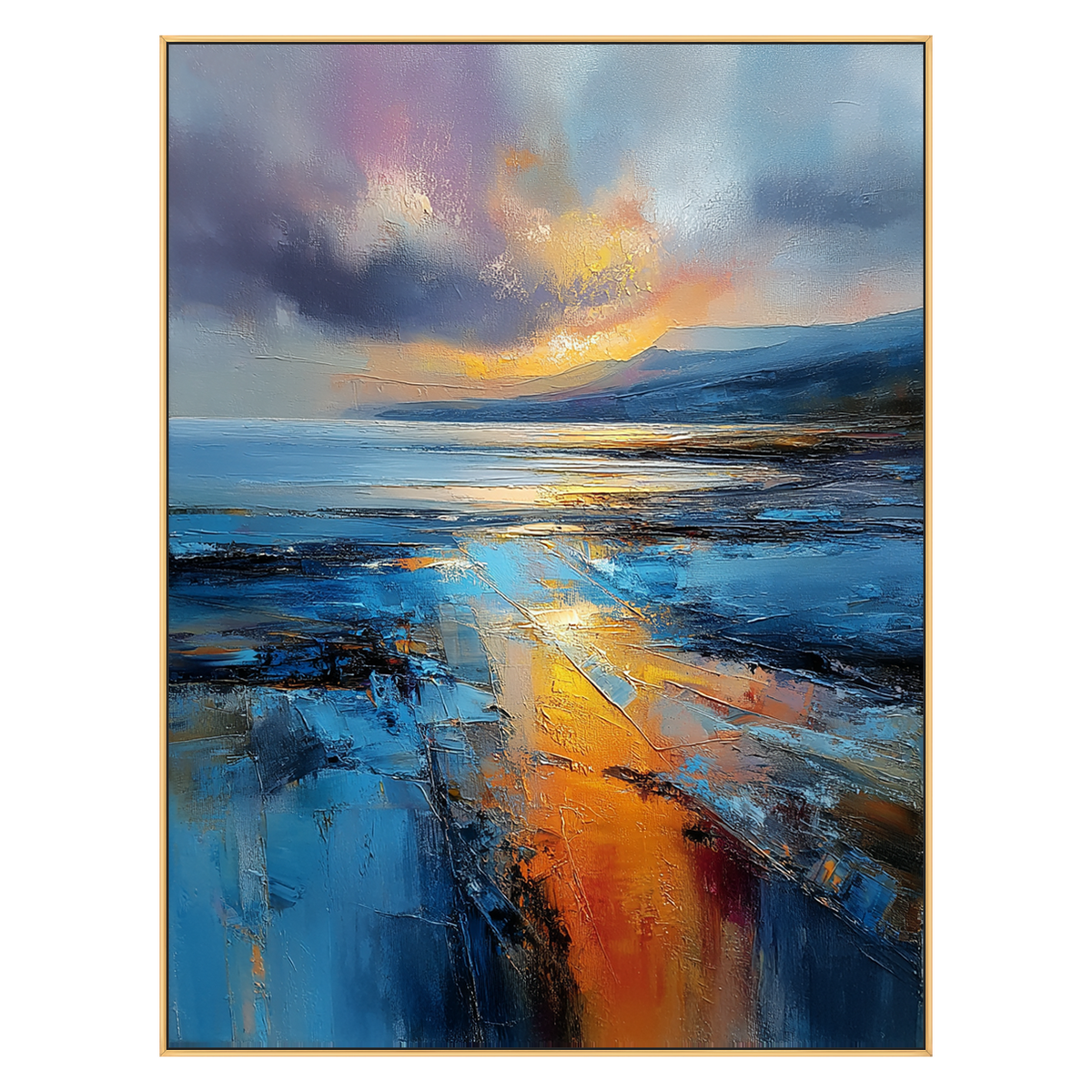 Amber Tide vertical artwork in a gold frame on a transparent background.