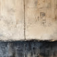 Full abstract artwork with warm ivory and sand fields, fine vertical marks and a deep charcoal lower band.