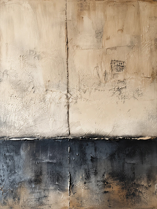 Full abstract artwork with warm ivory and sand fields, fine vertical marks and a deep charcoal lower band.