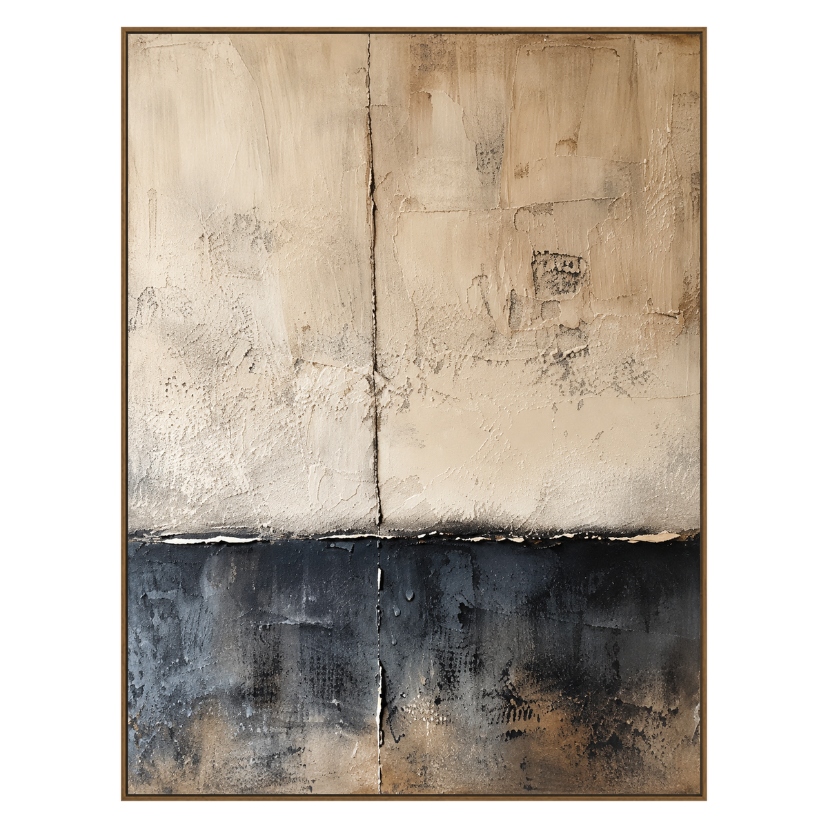 Weathered Calm vertical artwork in a natural wood frame on a transparent background.