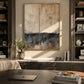 Weathered Calm painting above a cabinet between bookshelves in a warm neutral home office.