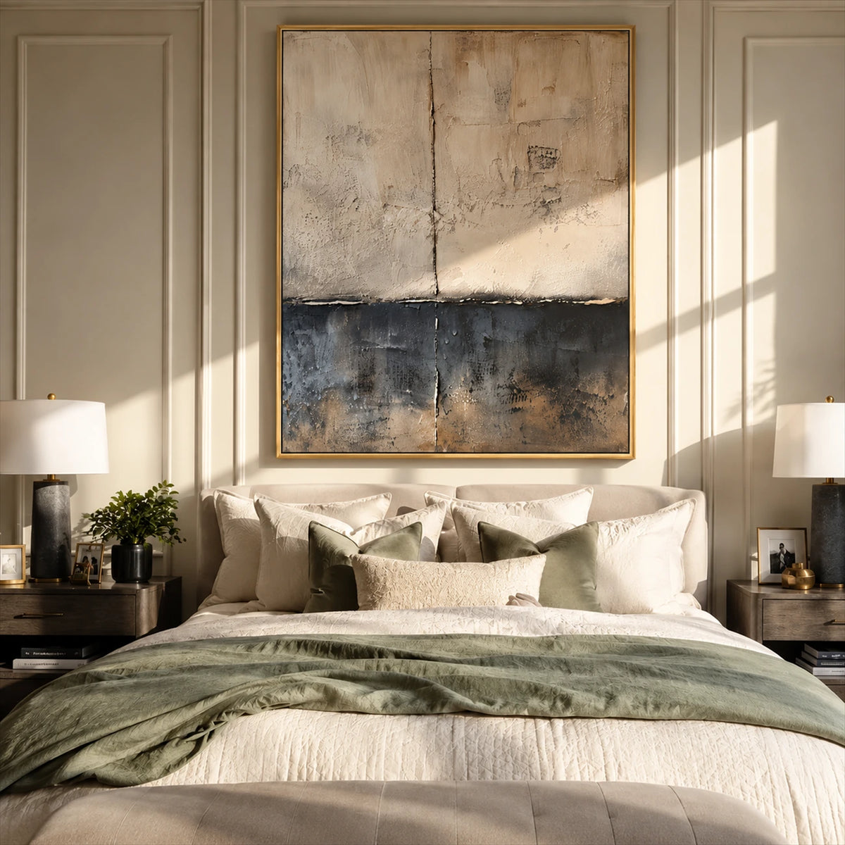 Weathered Calm painting above a bed with cream bedding and a sage-green throw.