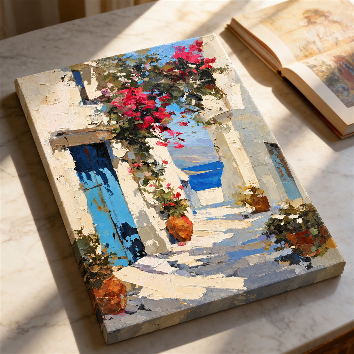 Angled presentation of Coastal Passage on stretched canvas resting on a sunlit tabletop.