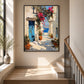 Coastal Passage painting above a stair landing beside a tall sunlit window.