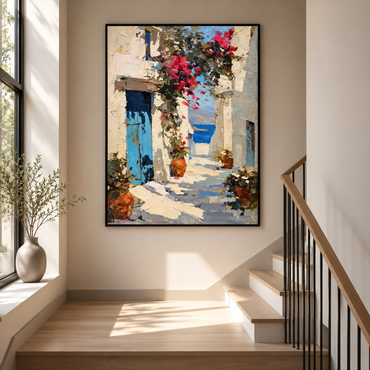 Coastal Passage painting above a stair landing beside a tall sunlit window.