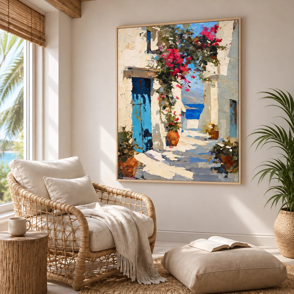 Coastal Passage painting beside a wicker armchair and cream cushions in a bright room.