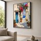 Coastal Passage painting beside a pale sofa and tall window in a neutral living room.
