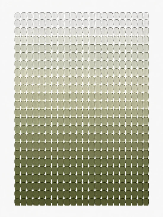 Full artwork of repeated rounded forms transitioning from pale ivory to deep olive green within a white border.