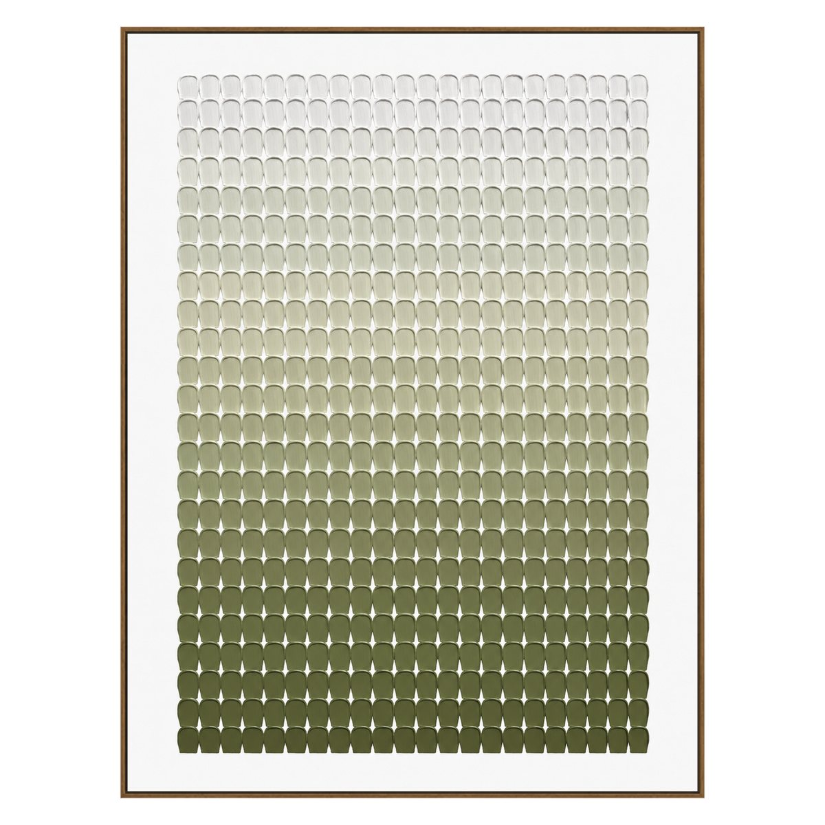 Olive Rhythm vertical artwork in a natural wood frame on a transparent background.