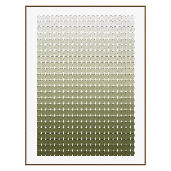 Olive Rhythm vertical artwork in a natural wood frame on a transparent background.
