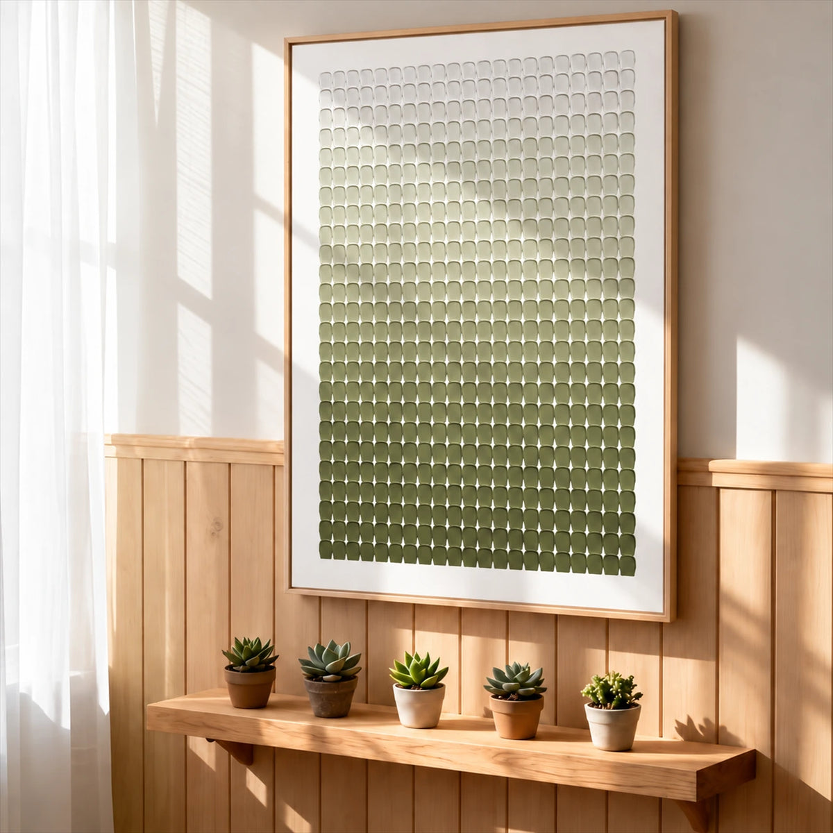 Olive Rhythm painting above a wooden shelf with small potted plants beside sheer curtains.