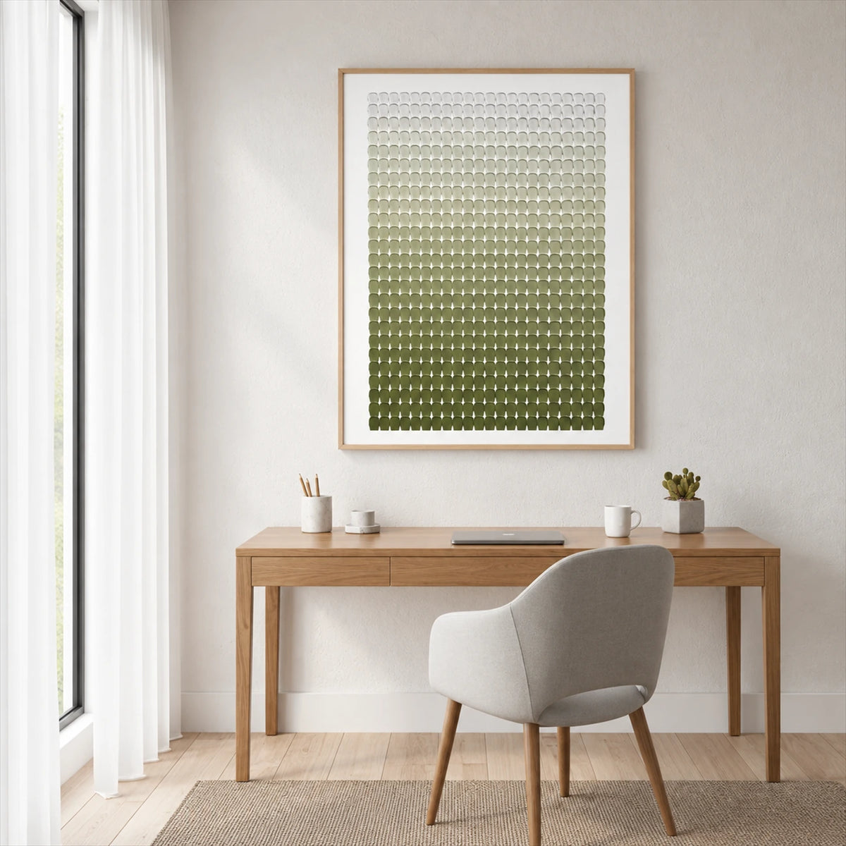 Olive Rhythm painting above a wooden desk and pale upholstered chair in a bright home office.