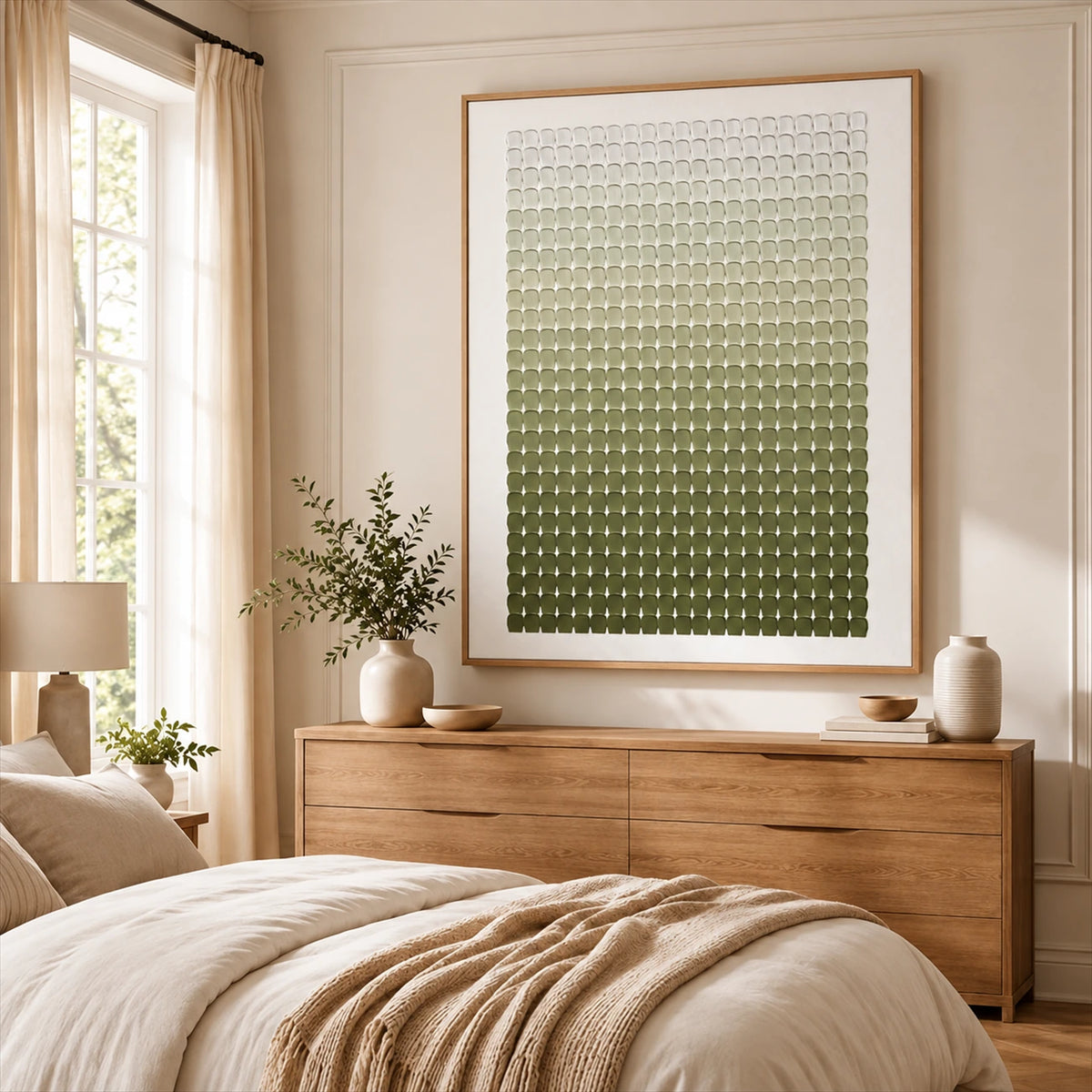 Olive Rhythm painting above a wooden dresser in a warm neutral bedroom.
