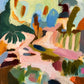 Full abstract artwork with broad blush pink, sage green, pale yellow and blue brushstrokes.