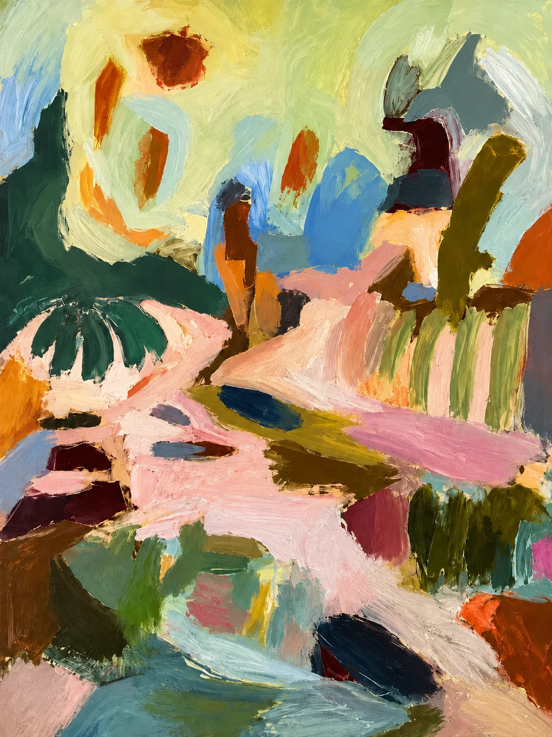Full abstract artwork with broad blush pink, sage green, pale yellow and blue brushstrokes.