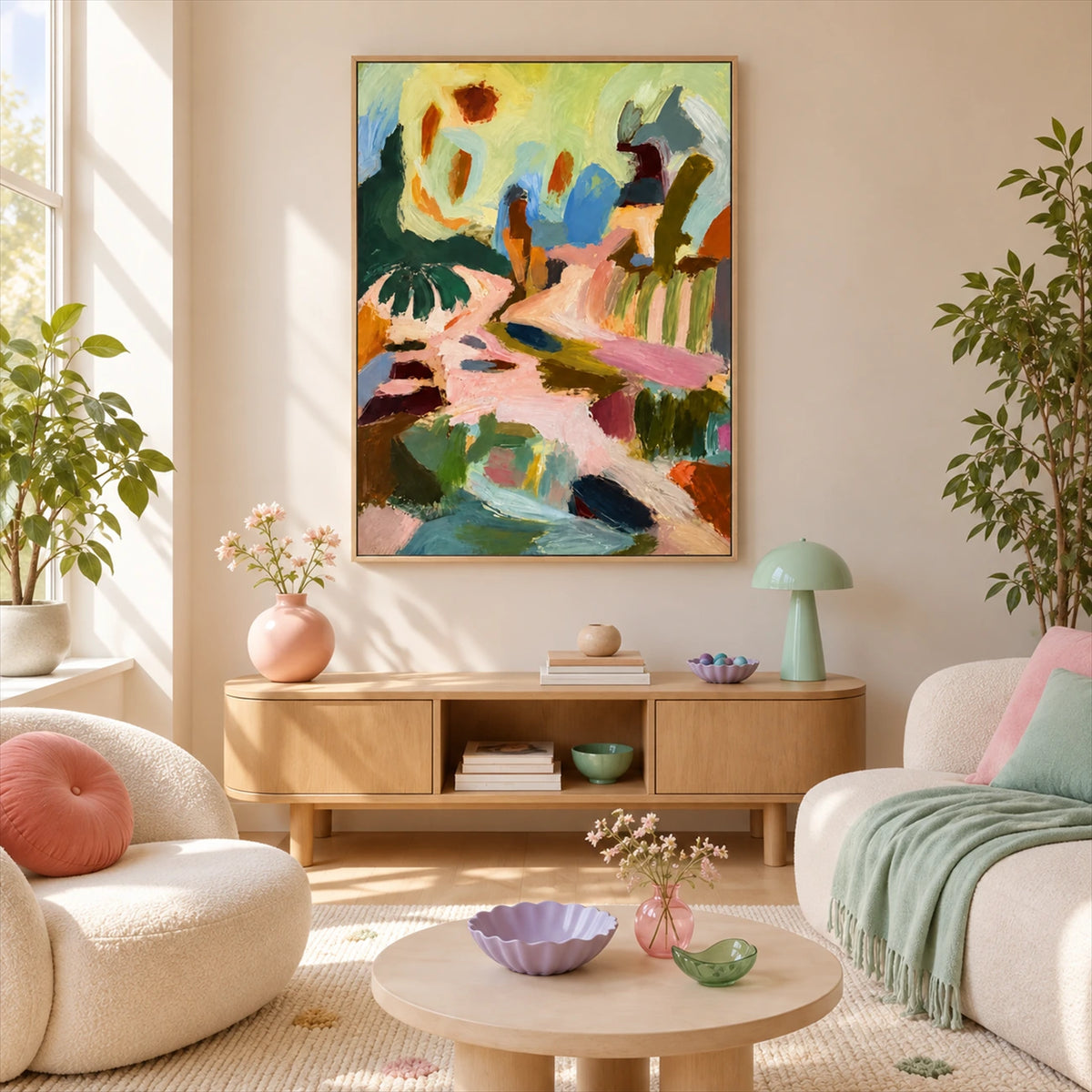 Pastel Reverie painting above a wooden console in a sunny living room with pastel accents.