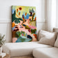 Pastel Reverie stretched canvas leaning beside a cream sofa in a bright room.